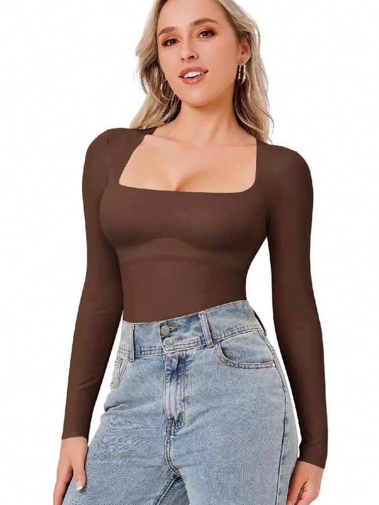 Women's Long Sleeve Square Neck Tummy Shaper Bodysuit Sexy Slimming Elegant Lingerie - Image 2