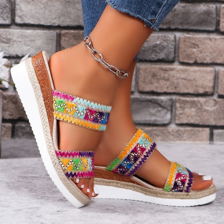 Fashion Wavy Pattern Woven Sandals Summer Casual Ethnic Style Slippers Linen Bottom Wide Strap Wedges Shoes For Women - Image 2