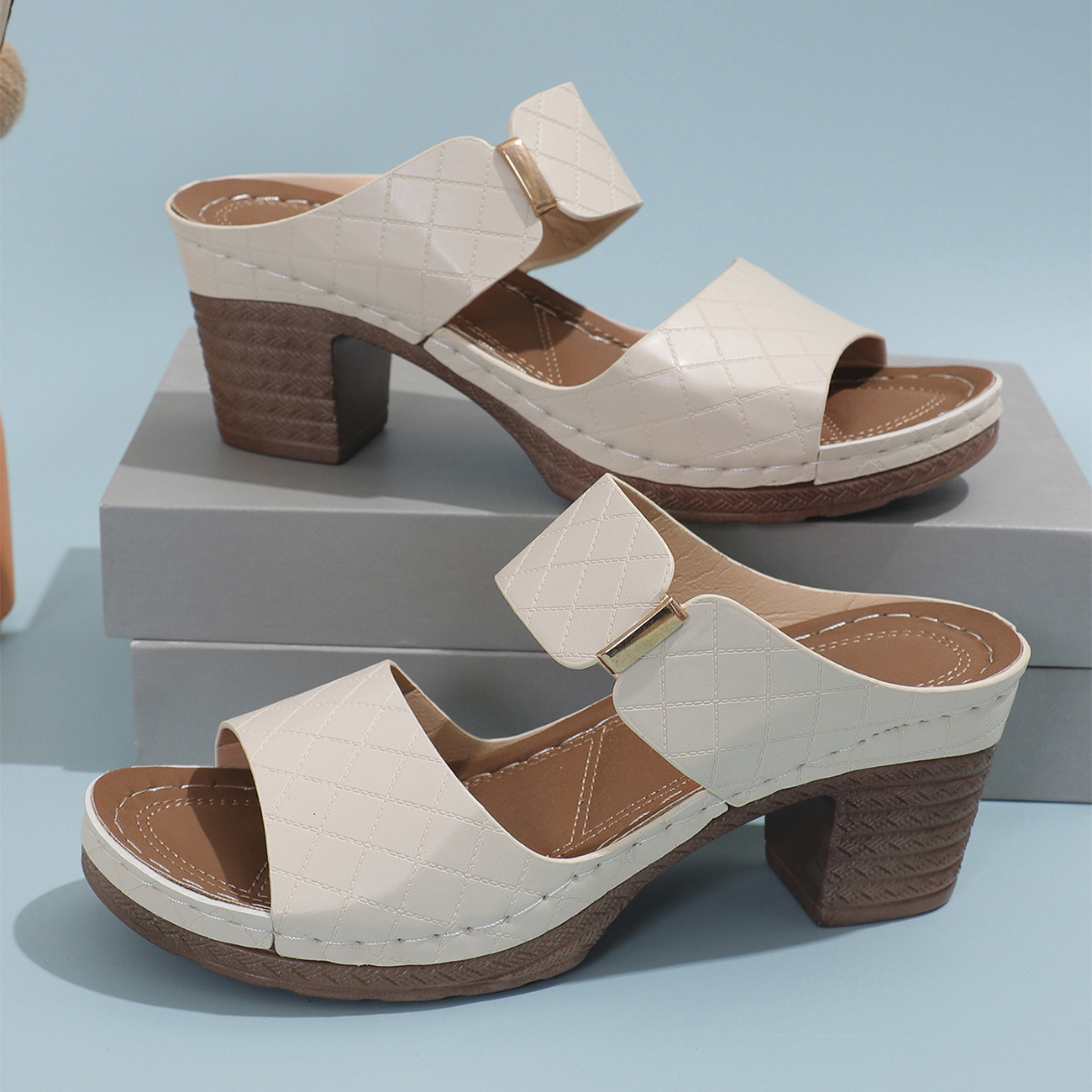 Chunky Heel Sandals Summer Round Toe Plaid Slides Slippers Fashion Outdoor High Heels Shoes For Women - Image 9