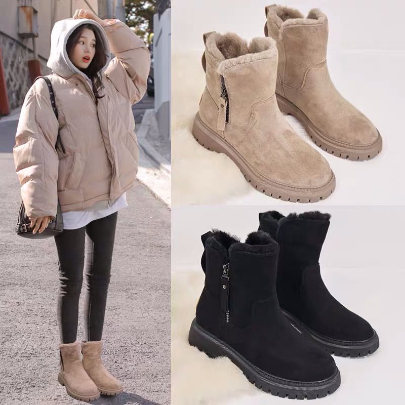 Middle Tube Plush Warm Cotton Shoes Leather And Fur Integrated Winter Women's Boots