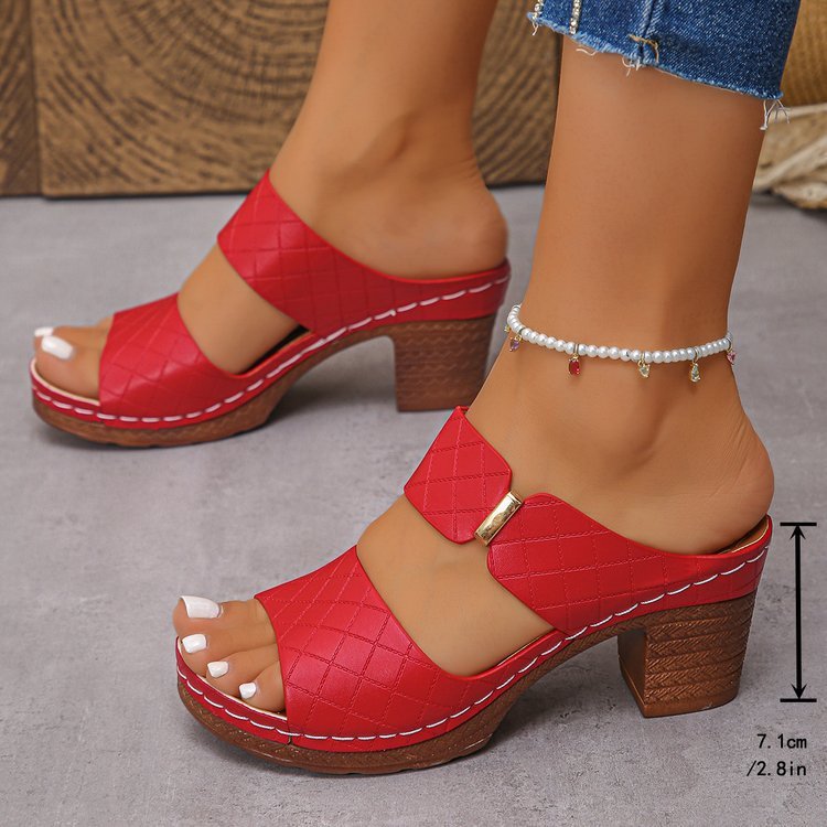 Chunky Heel Sandals Summer Round Toe Plaid Slides Slippers Fashion Outdoor High Heels Shoes For Women - Image 10