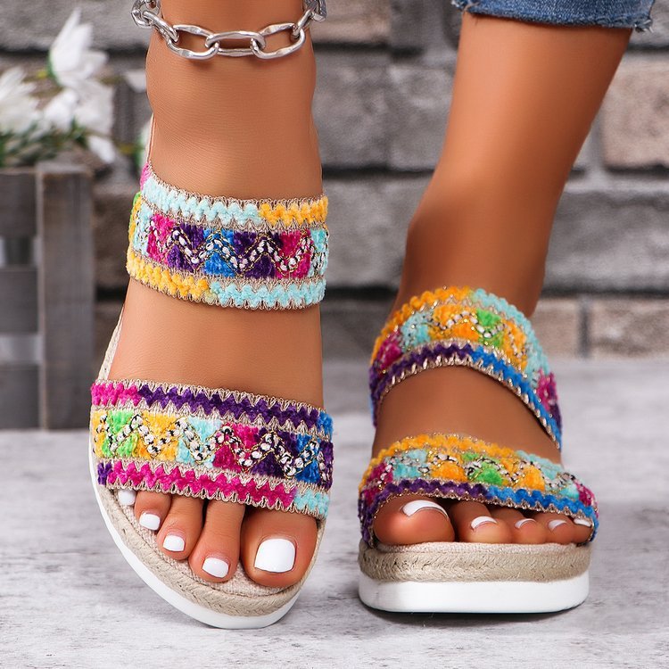 Fashion Wavy Pattern Woven Sandals Summer Casual Ethnic Style Slippers Linen Bottom Wide Strap Wedges Shoes For Women - Image 4