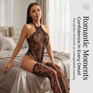 Sexy Halter-neck Bodysuit With Mesh, High-elasticity See-through Lace Bodysuit, And Matching Over-the-knee Stockings For A Lingerie Look.