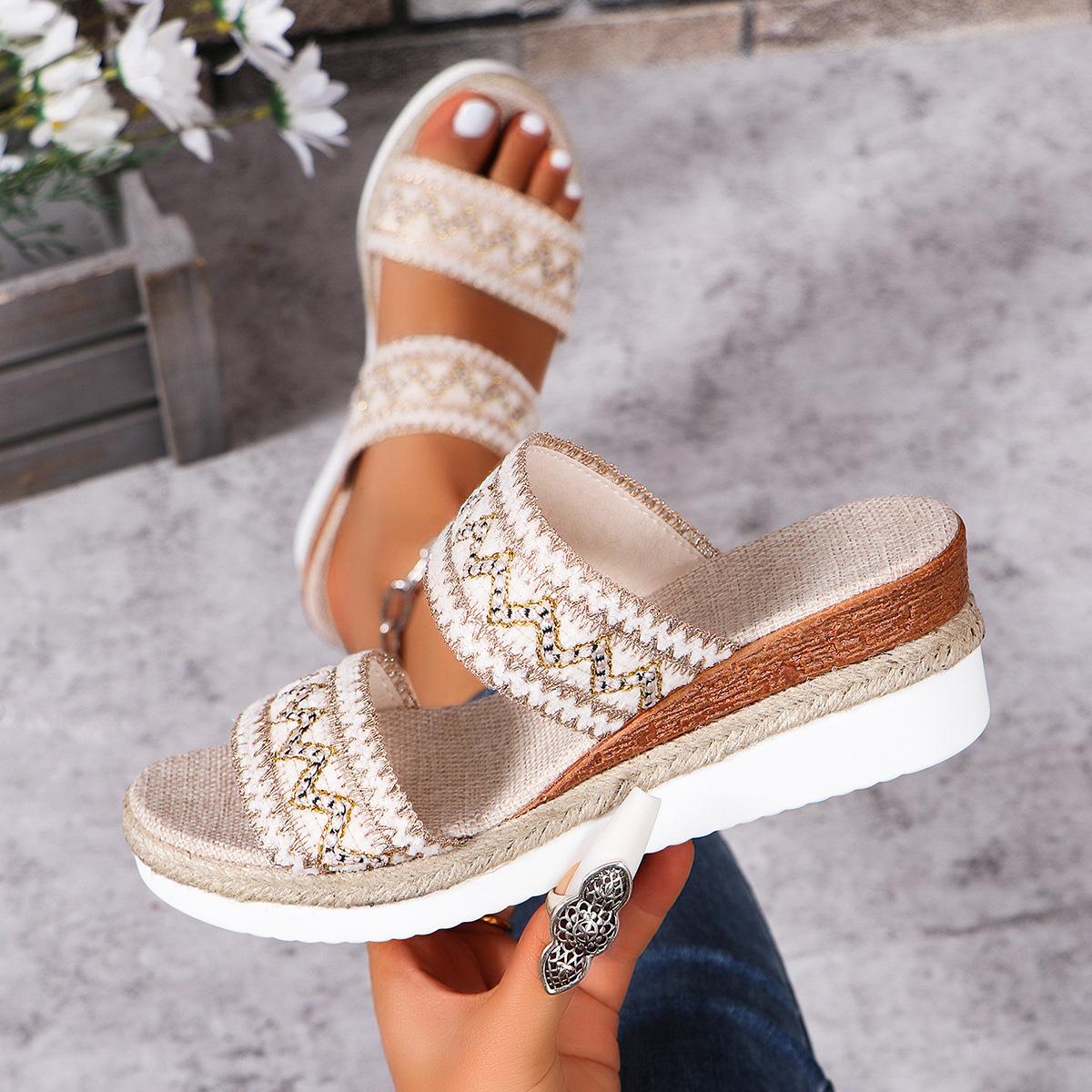 Fashion Wavy Pattern Woven Sandals Summer Casual Ethnic Style Slippers Linen Bottom Wide Strap Wedges Shoes For Women - Image 6