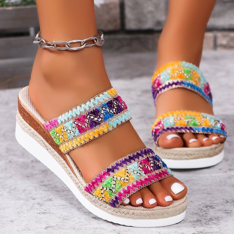Fashion Wavy Pattern Woven Sandals Summer Casual Ethnic Style Slippers Linen Bottom Wide Strap Wedges Shoes For Women - Image 3