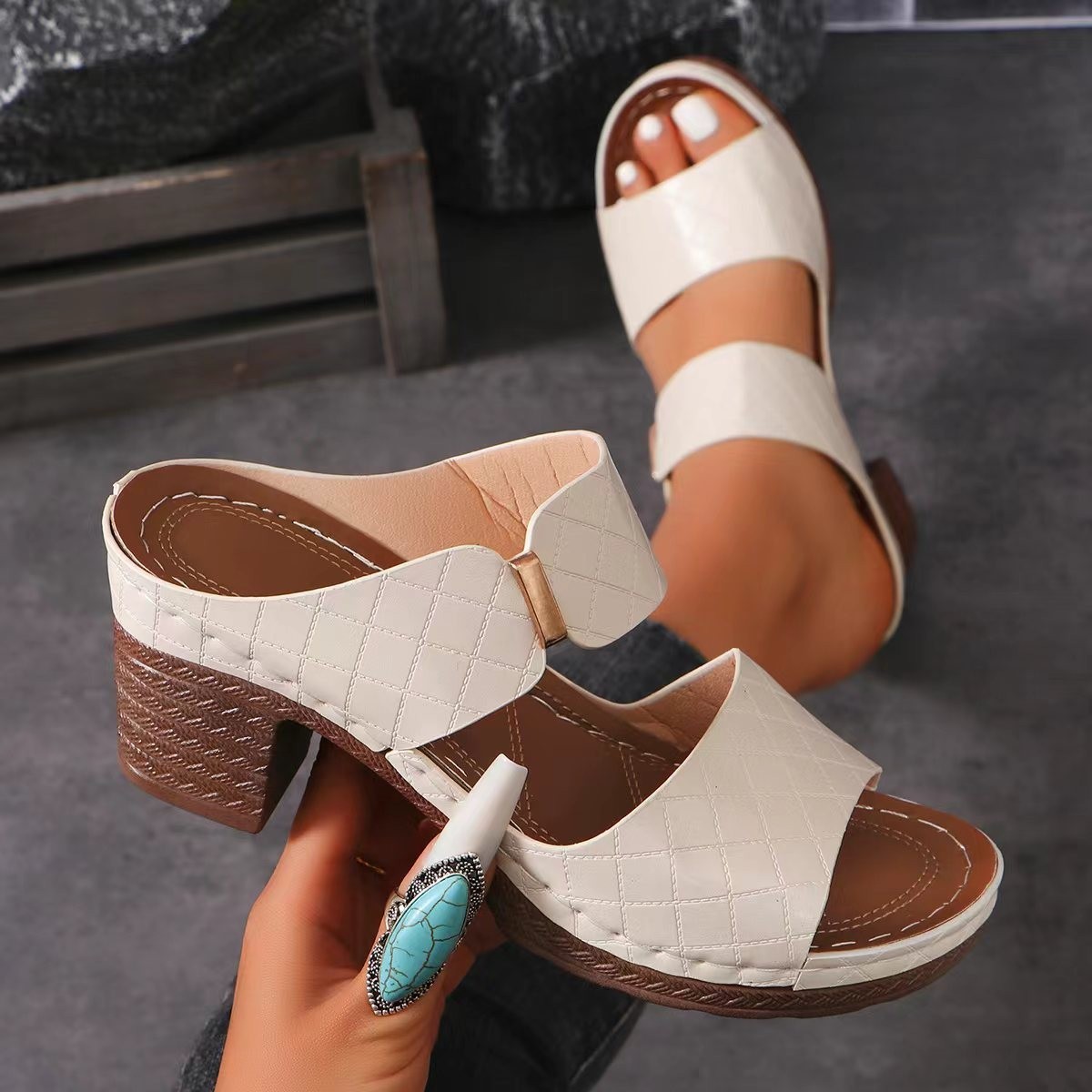 Chunky Heel Sandals Summer Round Toe Plaid Slides Slippers Fashion Outdoor High Heels Shoes For Women - Image 5