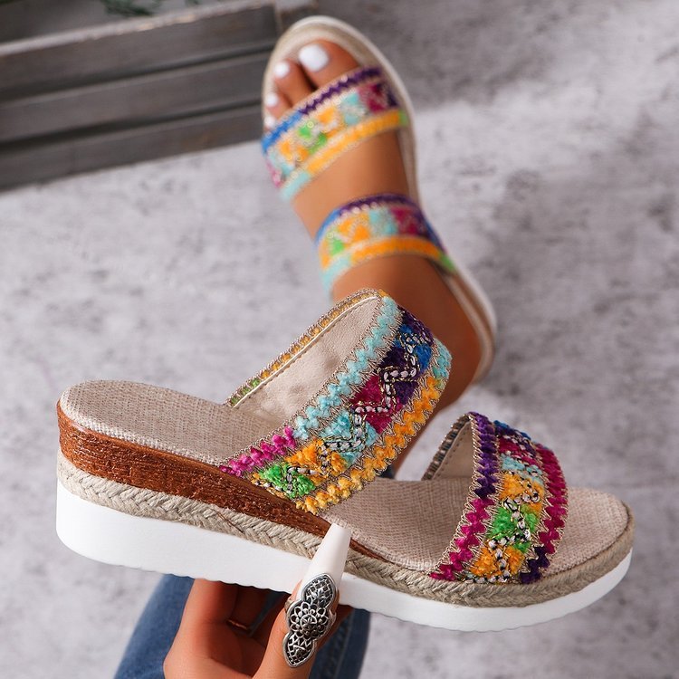 Fashion Wavy Pattern Woven Sandals Summer Casual Ethnic Style Slippers Linen Bottom Wide Strap Wedges Shoes For Women - Image 5