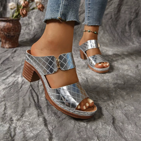 Chunky Heel Sandals Summer Round Toe Plaid Slides Slippers Fashion Outdoor High Heels Shoes For Women - Image 4