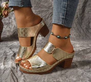 Chunky Heel Sandals Summer Round Toe Plaid Slides Slippers Fashion Outdoor High Heels Shoes For Women - Image 7