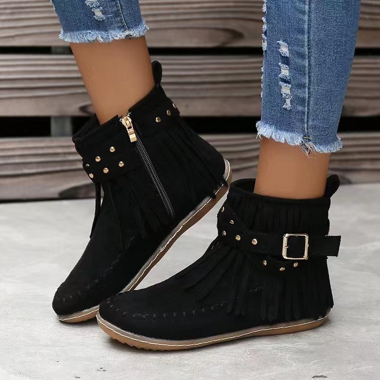 Retro Ankle Boots With Rivet Tassel Flat Shoes Women Winter Boots - Image 2